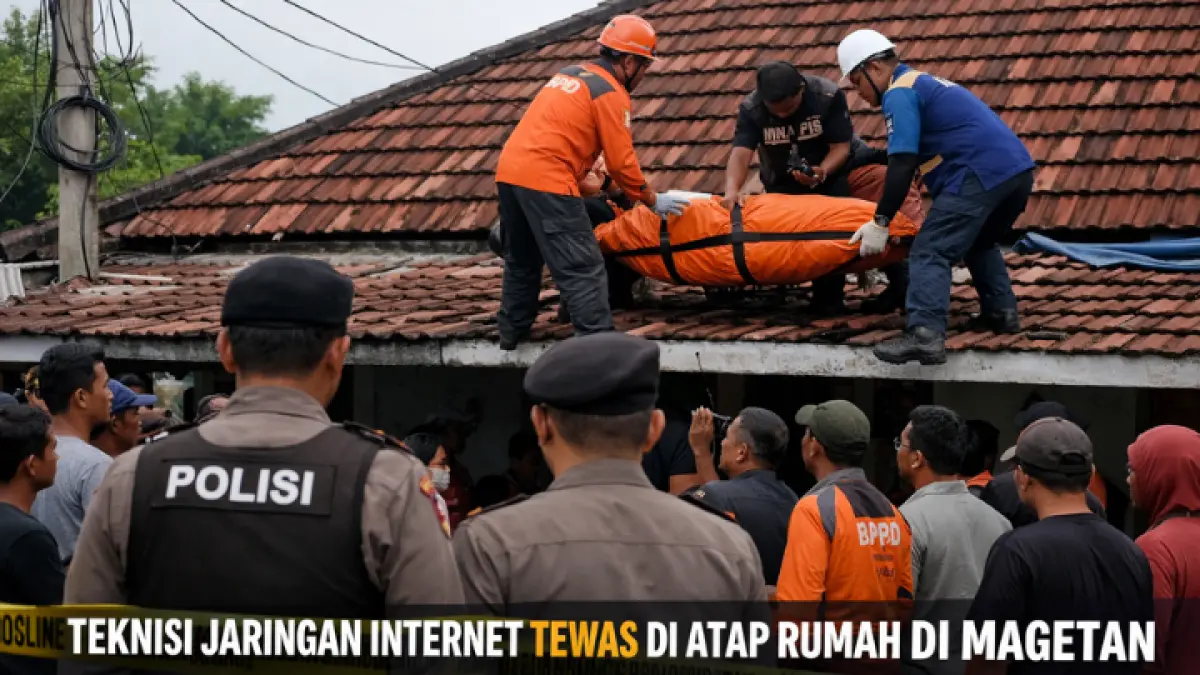 Teknisi jaringan internet tewas di atap rumah di Magetan, petugas evakuasi korban saat polisi lakukan olah TKP di lokasi kejadian.(GPT AI)