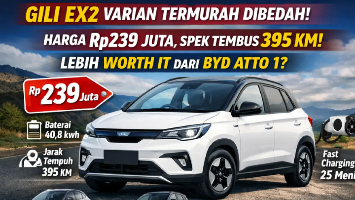 Gili EX2 varian termurah hadir dengan harga Rp239 juta, tawarkan jarak tempuh hingga 395 km dan fitur modern, siap bersaing dengan BYD Atto 1.(GPT AI)