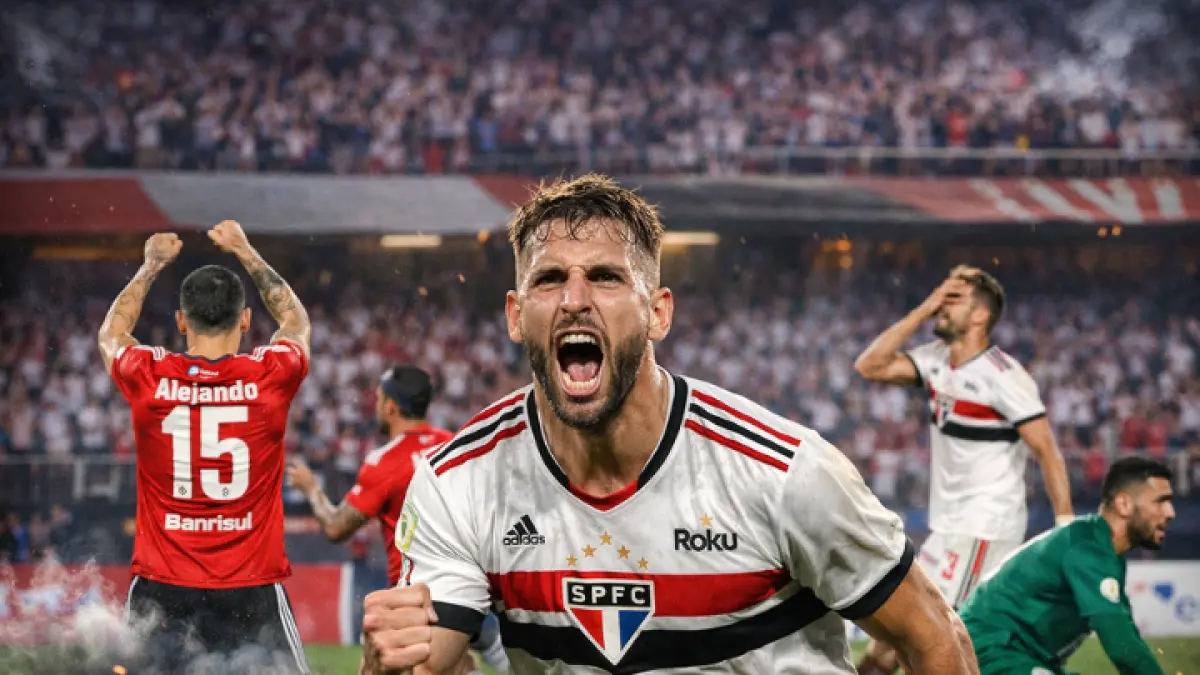 Selebrasi emosional pemain São Paulo usai mencetak gol penyeimbang di menit akhir saat menghadapi Internacional dalam laga penuh drama. (AI)