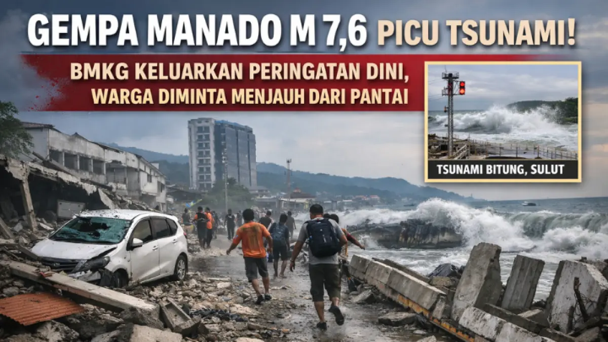 Warga berlarian menjauh dari pesisir usai gempa Manado M 7,6 picu tsunami, BMKG keluarkan peringatan dini demi keselamatan.(GPT AI)