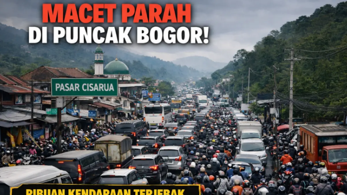 Macet parah di Pasar Cisarua, Puncak Bogor, ribuan kendaraan terjebak. (AI)