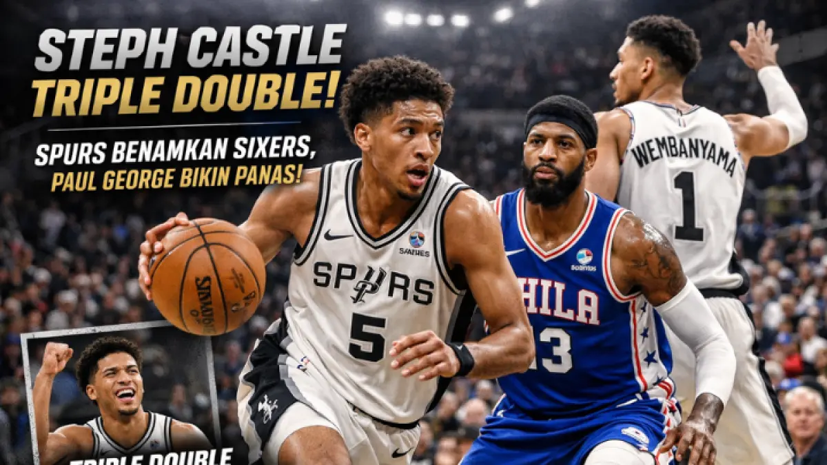 Steph Castle tampil luar biasa dengan triple double saat memimpin San Antonio Spurs menumbangkan Philadelphia 76ers, meski Paul George sempat panas di awal laga. (AI)
