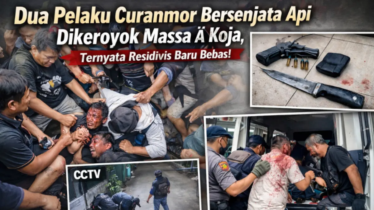 Dua pelaku curanmor bersenjata api babak belur dikeroyok warga di Koja, Jakarta Utara, usai kepergok saat beraksi. Polisi ungkap keduanya residivis.(GPT AI)
