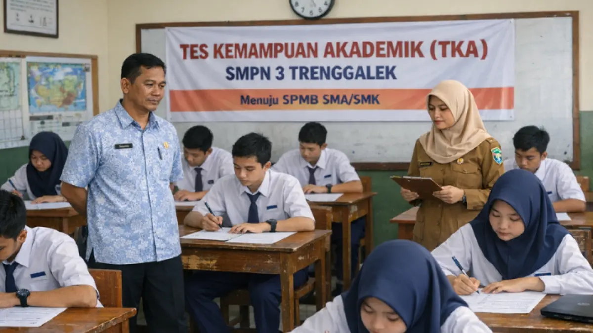 Fokus: Siswa Smpn 3 Trenggalek mengerjakan TKA dengan fokus. 

