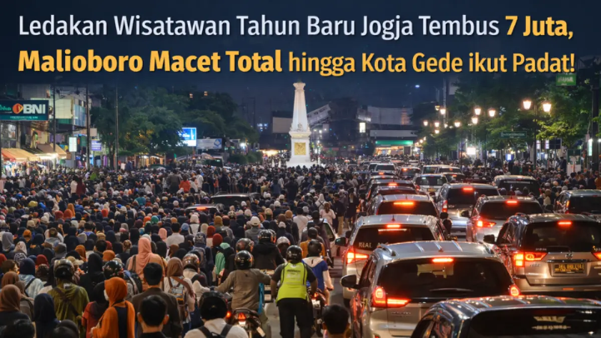 Kepadatan wisatawan memadati kawasan Malioboro hingga Tugu Jogja saat libur Tahun Baru, seiring lonjakan kunjungan yang disebut menembus 7 juta orang dan memicu kemacetan parah hingga Kota Gede. (AI)