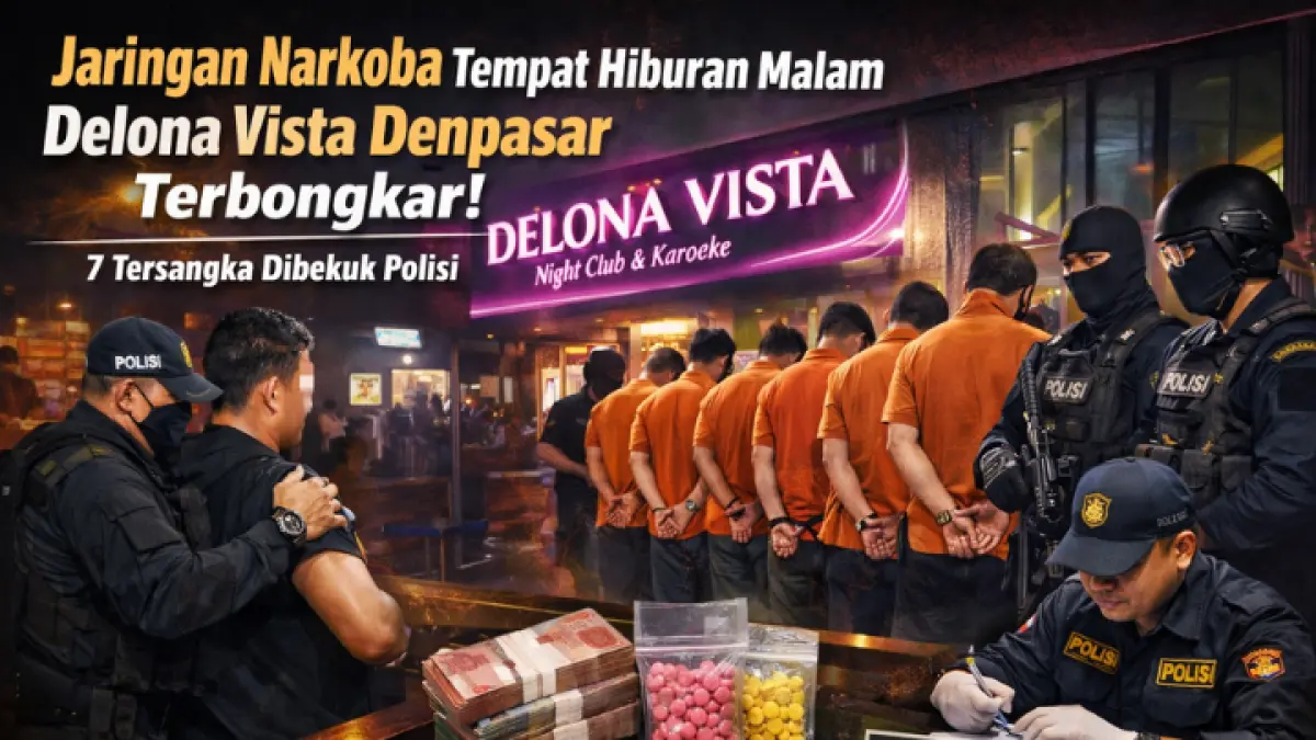 Penggerebekan jaringan narkoba di tempat hiburan malam Delona Vista, Denpasar, Bali. Polisi amankan tujuh tersangka beserta barang bukti ekstasi.(GPT AI)