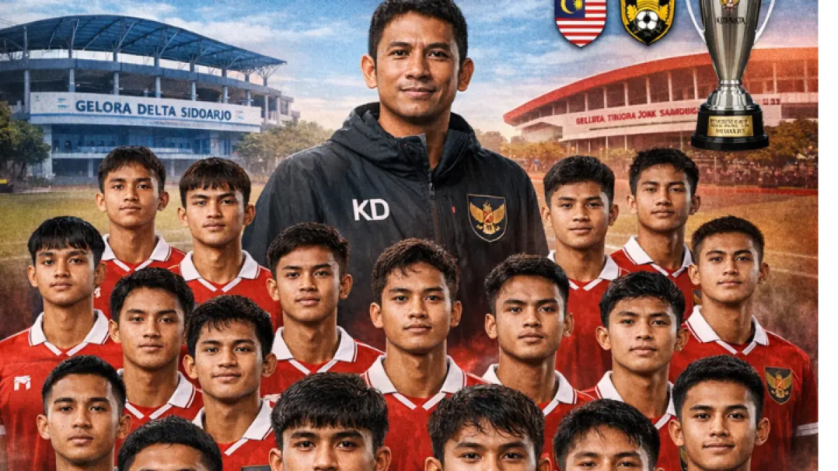 Skuad final Timnas Indonesia U-17 resmi diumumkan untuk Piala AFF U-17 2026. Sebanyak 26 pemain dipilih pelatih Kurniawan Dwi Yulianto.(GPT AI)