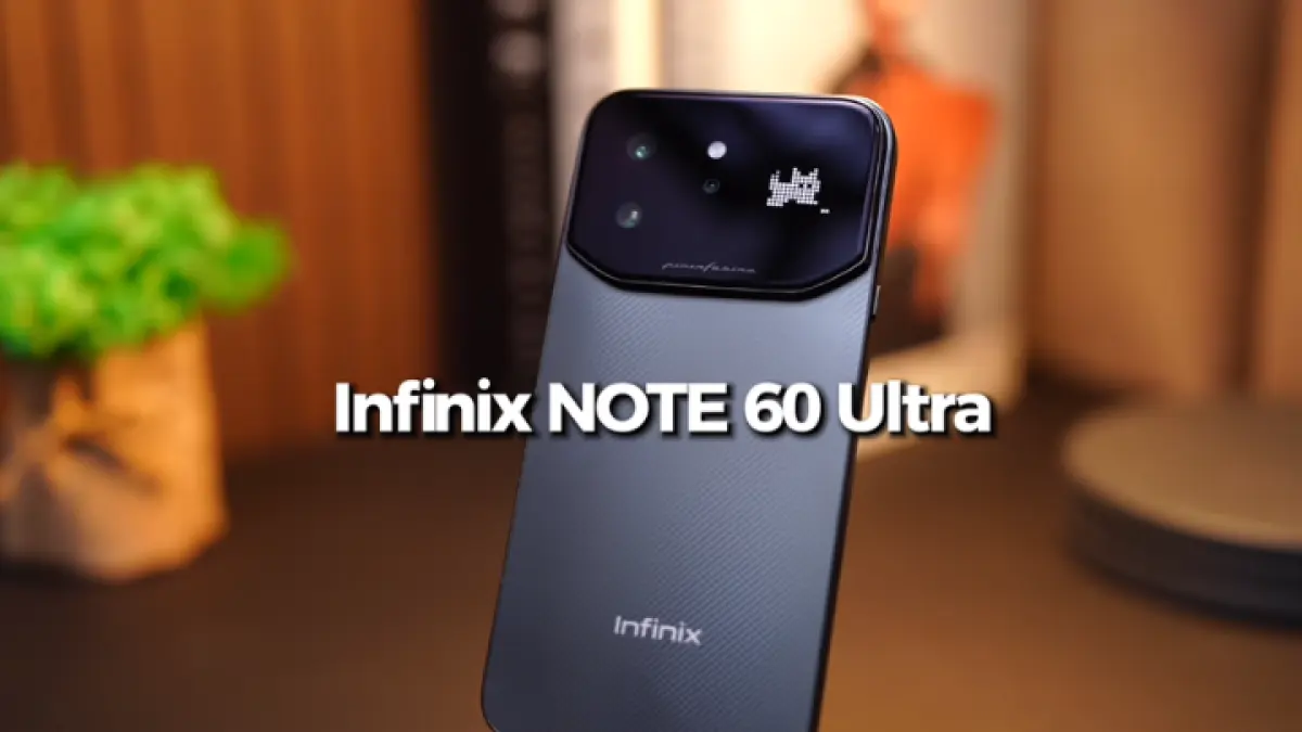 Desain futuristik Infinix Note 60 Ultra tampil elegan dengan sentuhan premium dan modul kamera unik, dipadukan LED animasi yang bikin tampil beda dari smartphone lain. (AI)
