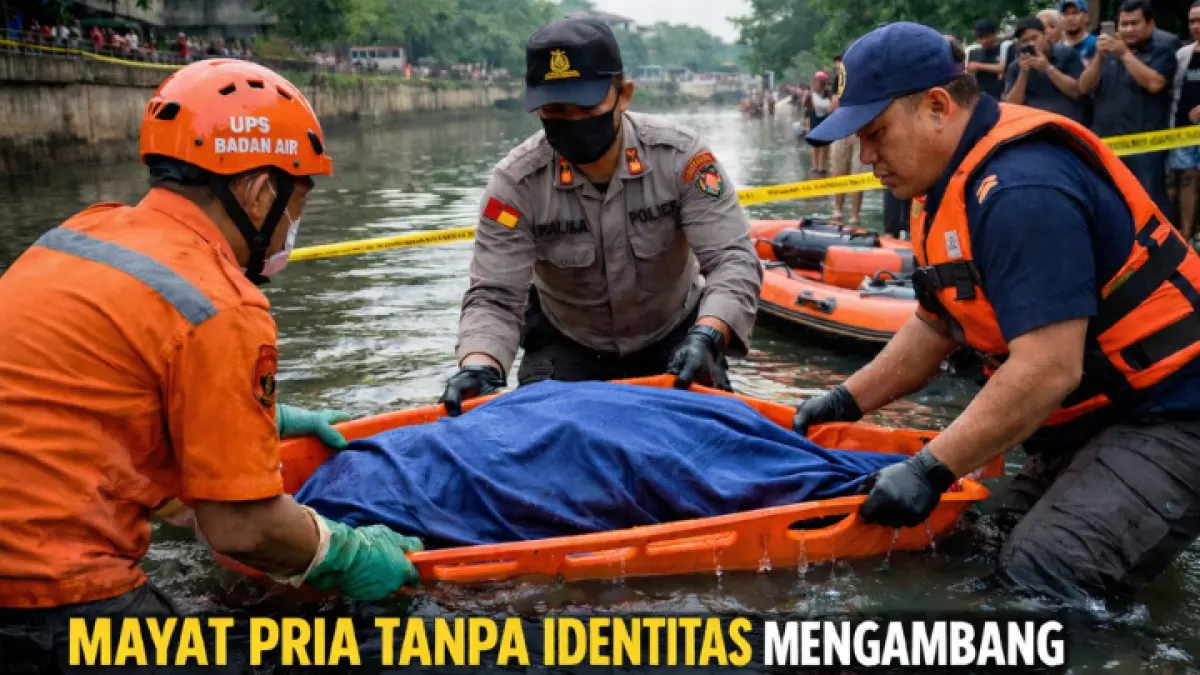 Evakuasi mayat pria tanpa identitas di Kalisunter, Kelapa Gading, Jakarta Utara. Jasad ditemukan mengambang dan langsung dibawa untuk penyelidikan.( GPT AI )