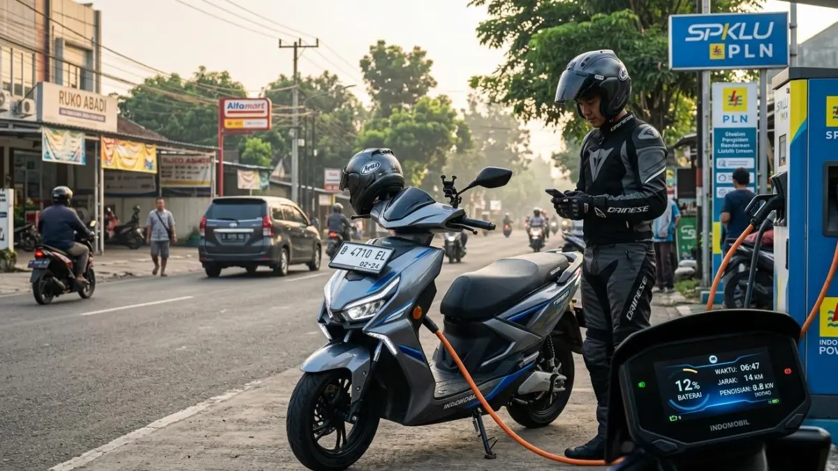 Uji motor listrik Indomobil Tirano jarak 73 km, sisa baterai 12%, ungkap daya jelajah & peran SPKLU PLN.
