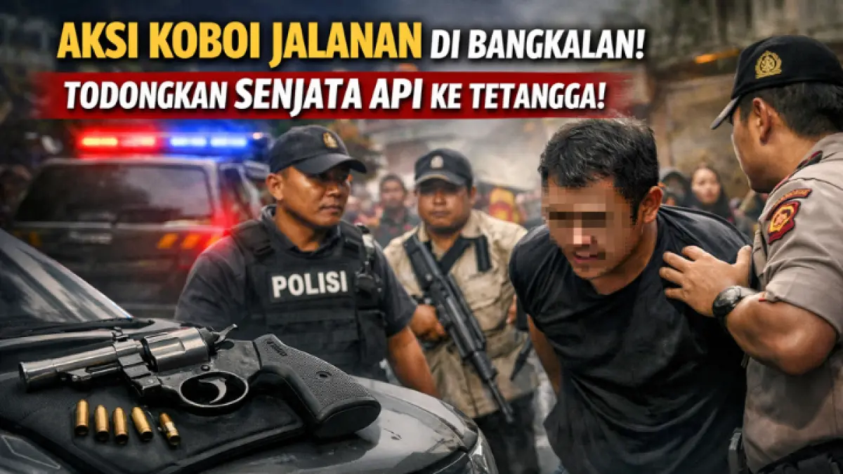 Pria di Bangkalan ditangkap polisi usai todongkan senjata api ke tetangga, revolver ditemukan tersembunyi di dalam mobil pelaku.(GPT AI)