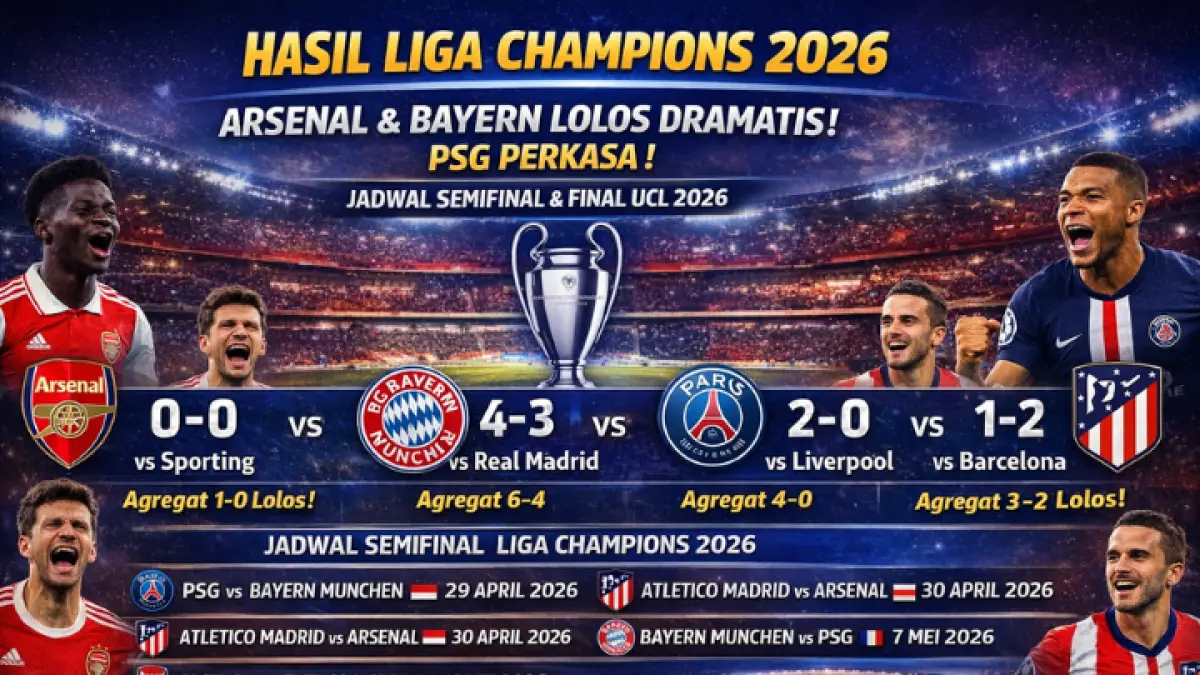 Hasil Liga Champions 2026: Arsenal, Bayern, PSG, dan Atletico Madrid lolos ke semifinal, siap berebut tiket final di Budapest. (GPT AI)