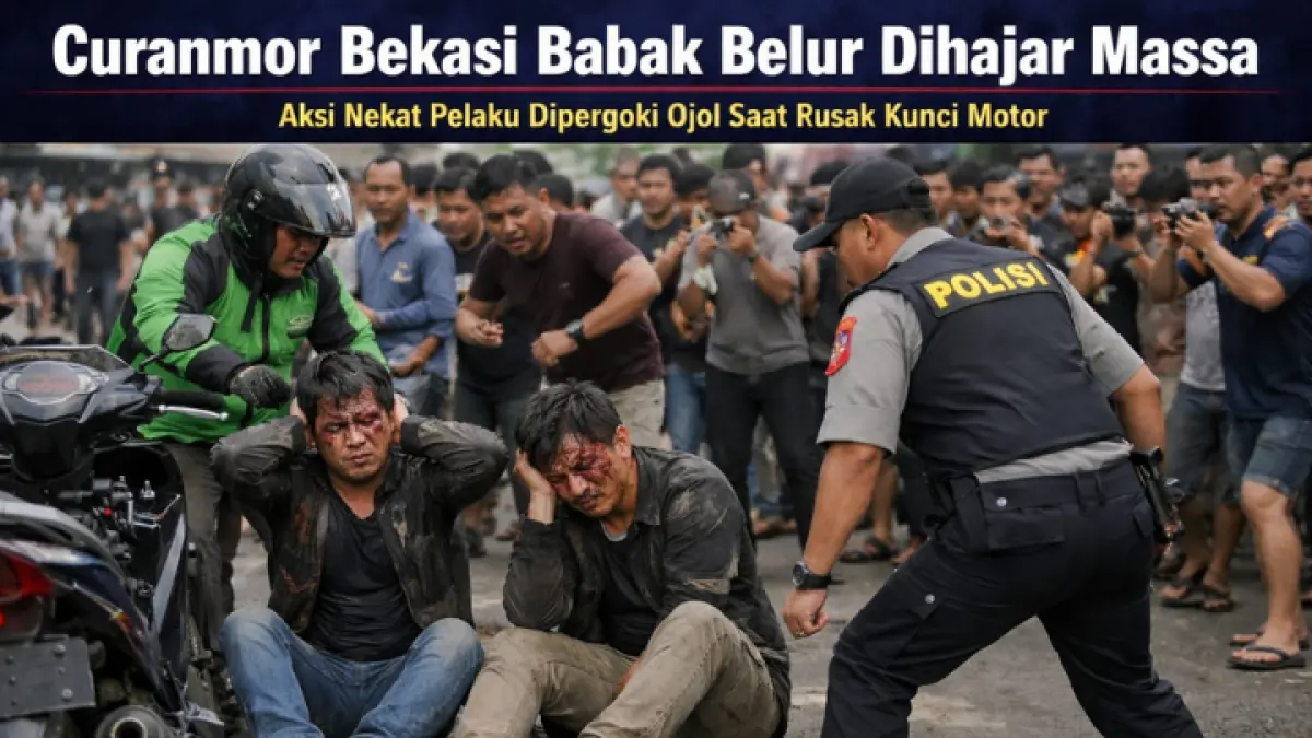 Dua pelaku curanmor di Bekasi diamankan warga setelah kepergok merusak kunci motor milik pengemudi ojek online. 
