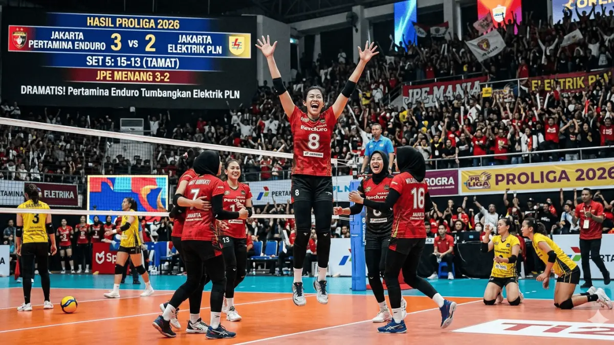 Hasil Proliga 2026: Dramatis! Jakarta Pertamina Enduro Tumbangkan Elektrik PLN 3-2, Megawati Ungkap Kunci Balas Dendam. (gemini ai)