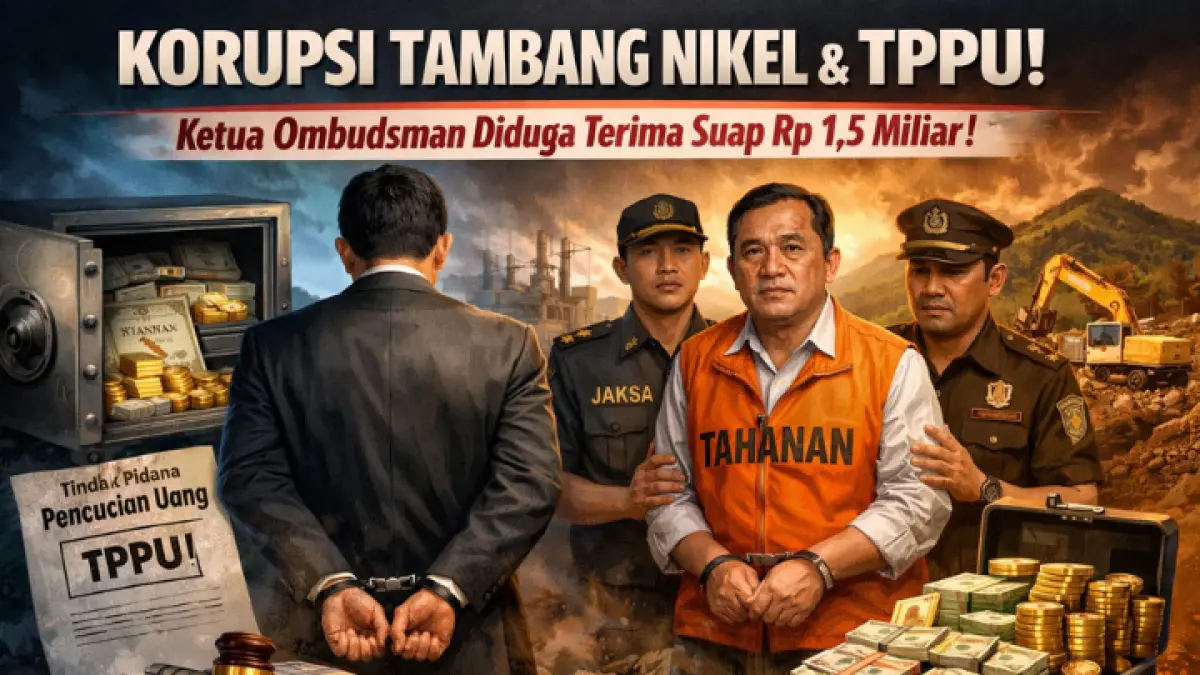 Korupsi tambang nikel terbongkar, Ketua Ombudsman diduga terima suap Rp1,5 M. Kejagung juga ungkap kasus TPPU miliaran rupiah. (GPT AI)