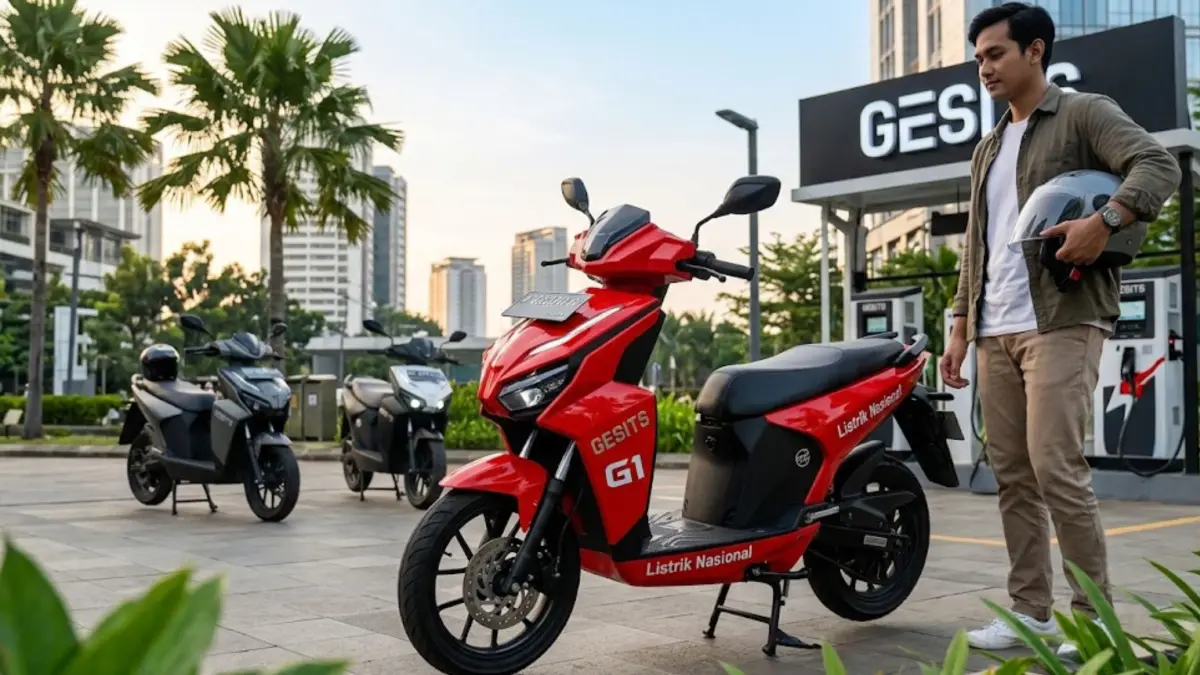 Motor listrik Gesits G1 terbaru tampil simpel, hemat biaya, dan nyaman untuk mobilitas harian di Indonesia. (GEMINI AI)