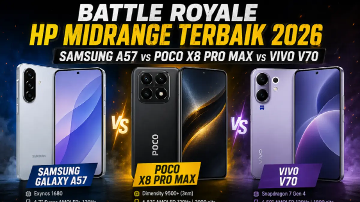 Battle HP midrange terbaik 2026: Samsung A57, Poco X8 Pro Max, dan Vivo V70 diadu! Siapa paling kencang, tajam, dan worth it?  (GPT AI)