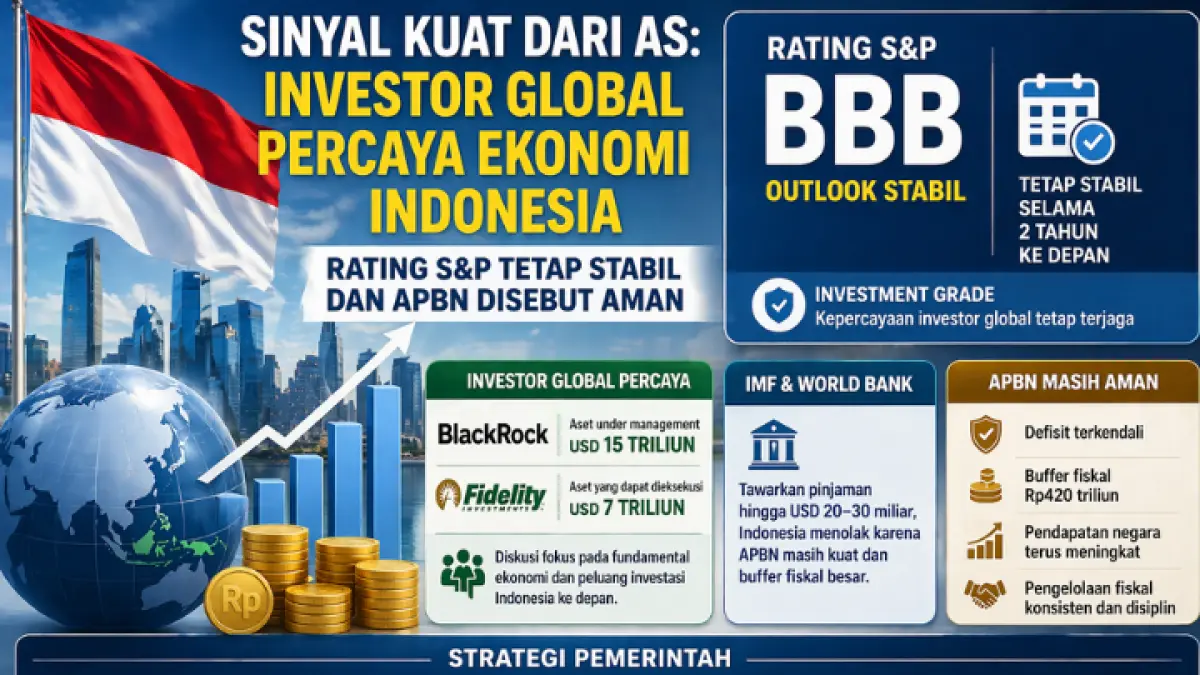 Investor global percaya ekonomi Indonesia, rating S&P stabil, APBN kuat, pemerintah optimistis jaga pertumbuhan dan stabilitas fiskal nasional. (GPT AI)