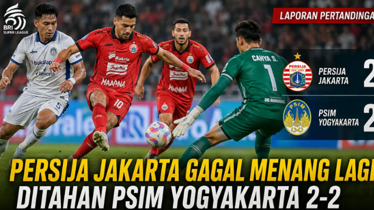 Persija Jakarta gagal menang usai ditahan PSIM Yogyakarta 2-2, drama penalti dan aksi gemilang Cahya Supriadi jadi sorotan. (GPT AI)