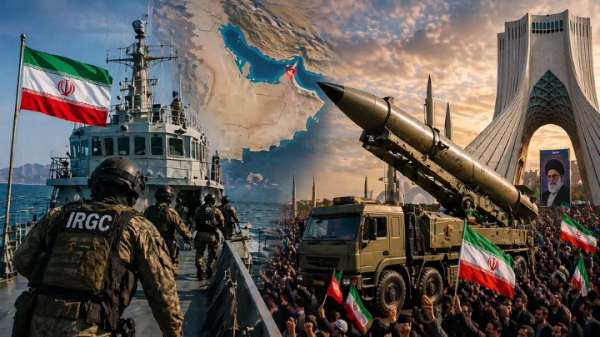 Ketegangan memuncak di Selat Hormus, Iran kirim sinyal tegas lewat aksi militer dan parade rudal di tengah sorotan dunia. (AI)
