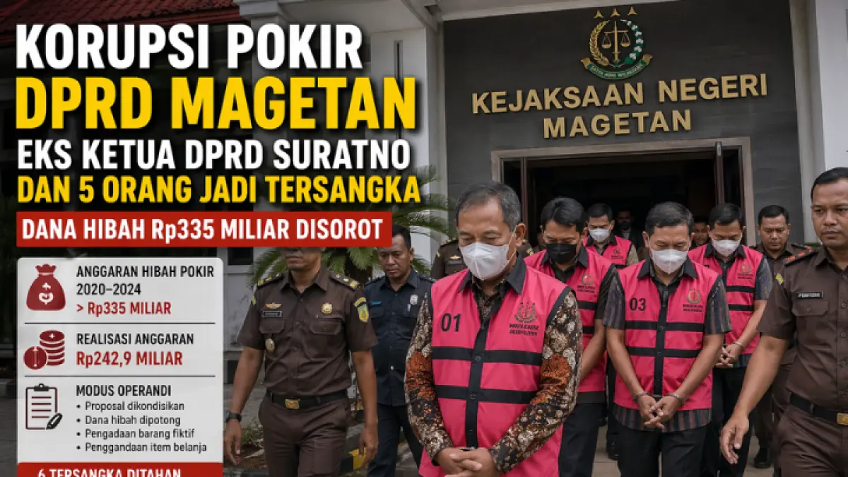 Korupsi pokir DPRD Magetan terungkap, eks Ketua DPRD Suratno dan lima tersangka lain resmi ditahan Kejari Magetan. (GPT AI)