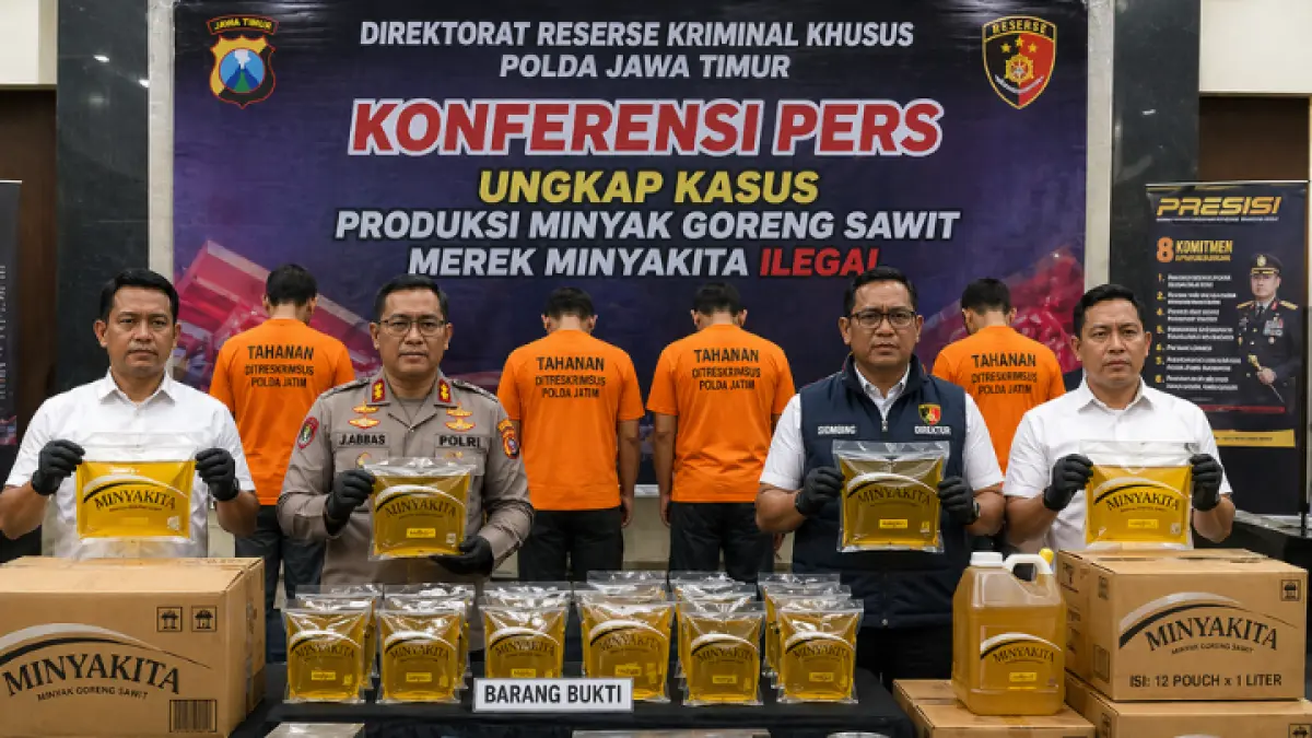 Polda Jatim bongkar produksi Minyakita ilegal di Sidoarjo, 4 tersangka ditangkap dan terancam hukuman 5 tahun penjara. (GPT AI)