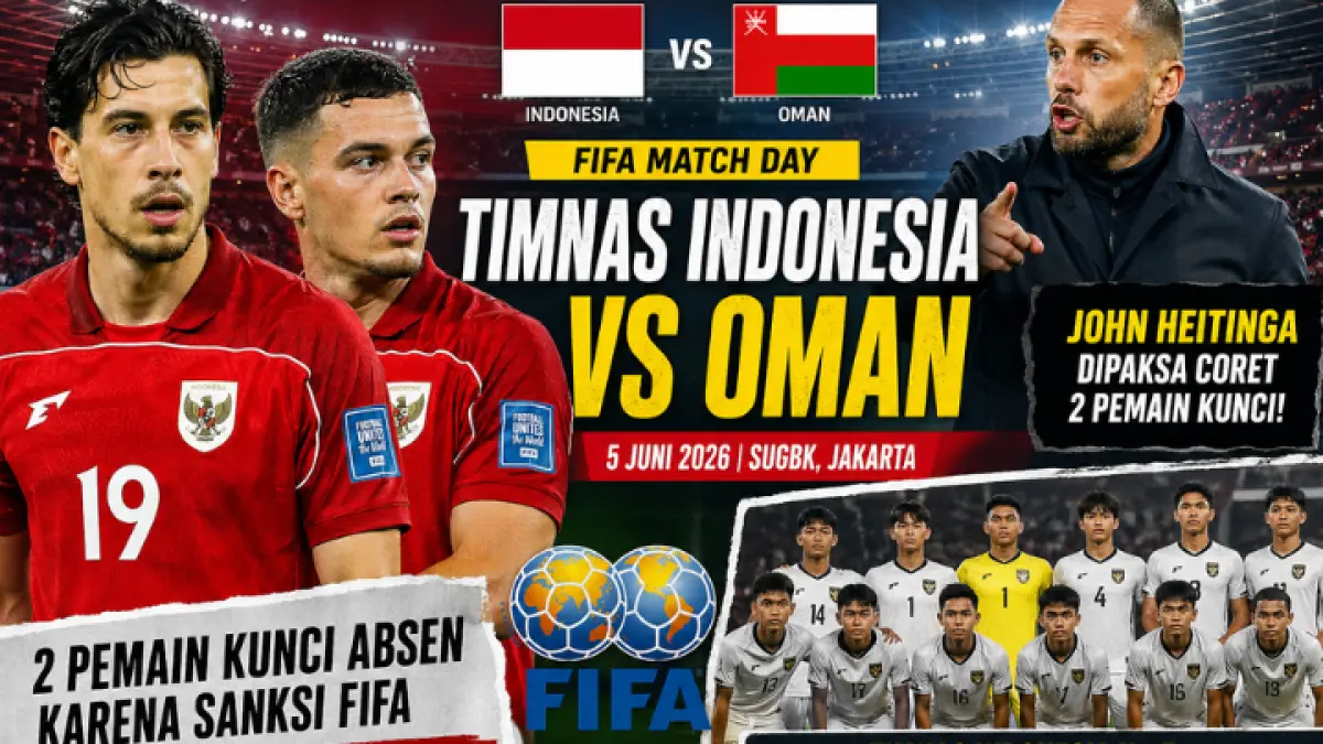 Timnas Indonesia resmi lawan Oman di FIFA Match Day 5 Juni 2026. Dua pemain kunci absen, Garuda siap tempur di SUGBK! (GPT AI)