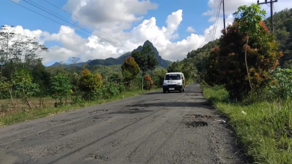 AWAS: Jalan berlubang di Desa Bendoagung, Kecamatan Kampak, yang bisa membahayakan pengendara. (FATRA ADITYA/RADAR TRENGGALEK)