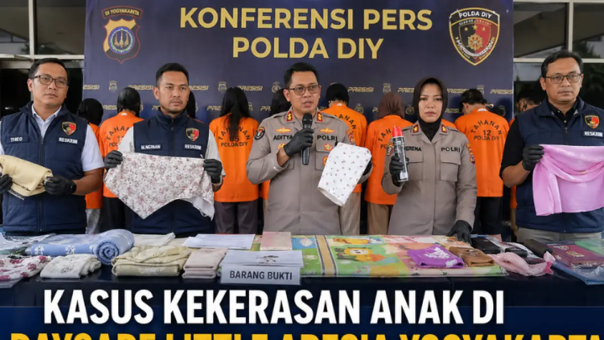 Kasus kekerasan anak di Daycare Little Aresia Yogyakarta terungkap. Polisi tetapkan 13 tersangka, orang tua tuntut hukuman berat. (GPT AI)