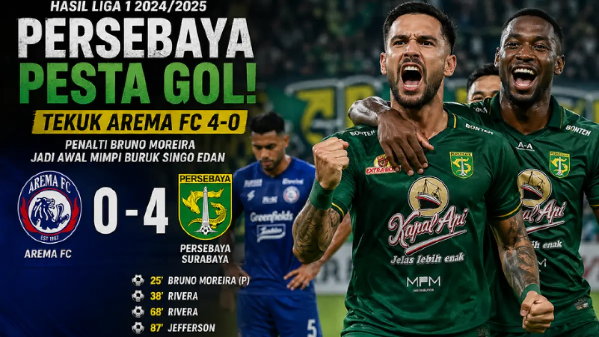 Persebaya Surabaya pesta gol usai membantai Arema FC 4-0. Penalti Bruno Moreira jadi awal mimpi buruk Singo Edan. (GPT AI)