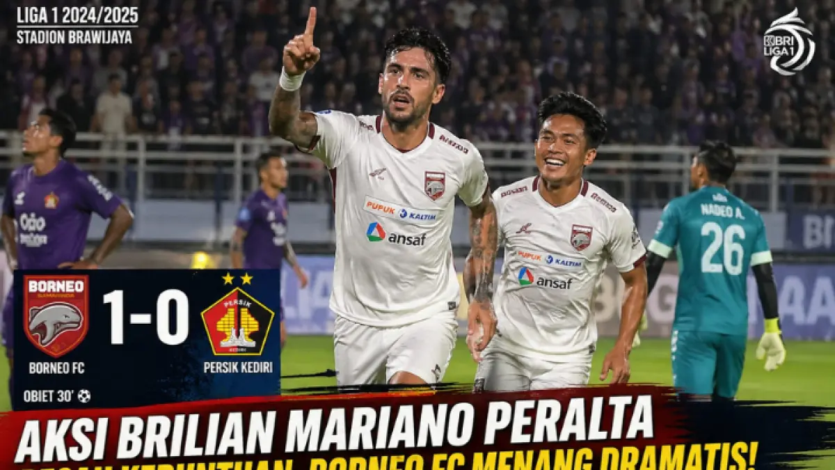 Aksi brilian Mariano Peralta pecah kebuntuan! Borneo FC taklukkan Persik Kediri 1-0 di Stadion Brawijaya. (GPT AI)
