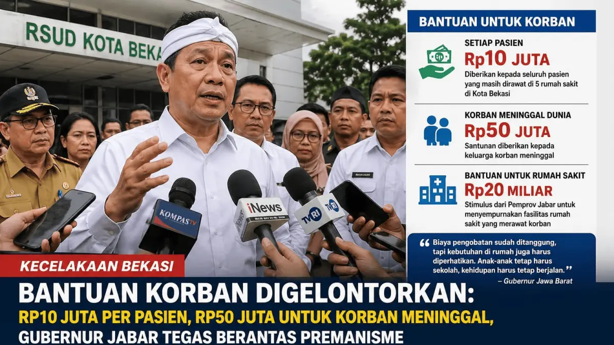 Bantuan korban kecelakaan Bekasi: Rp10 juta per pasien, Rp50 juta untuk korban meninggal, Pemprov Jabar gelontorkan Rp20 miliar untuk RS. (GPT AI) 