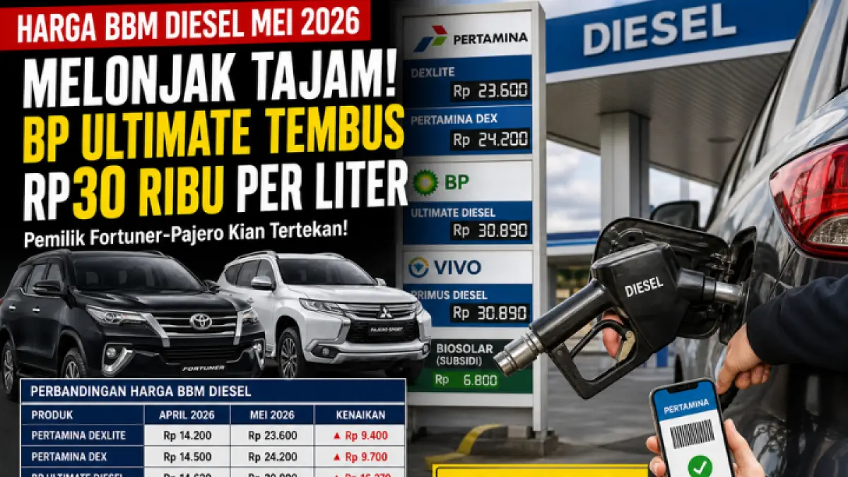 Harga BBM diesel Mei 2026 melonjak tajam hingga Rp30 ribu per liter, pengguna Fortuner dan Pajero makin terbebani biaya operasional. (GPT AI)
