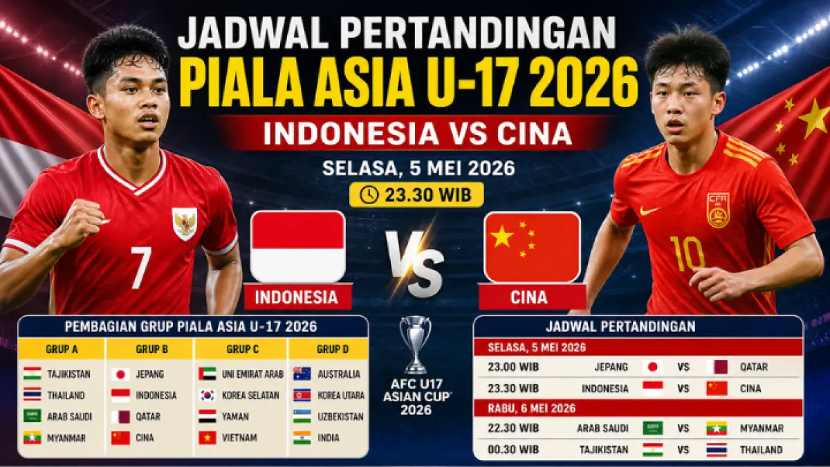 Indonesia vs Cina di Piala Asia U-17 2026, laga krusial penentu nasib Garuda Muda di fase grup. (GPT AI)