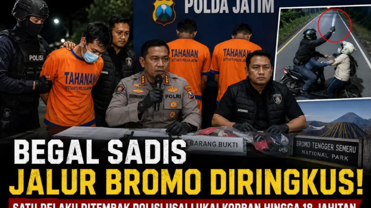 Begal sadis jalur Bromo diringkus polisi, satu pelaku ditembak usai melukai korban hingga 18 jahitan dalam aksi brutalnya. (GPT AI)