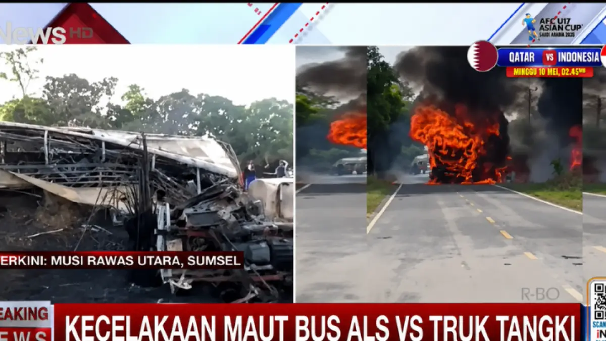 Bus ALS dan truk tangki terbakar hebat di Jalinsum Muratara, 16 korban tewas dievakuasi petugas. (YT. OFFICIAL INEWS)