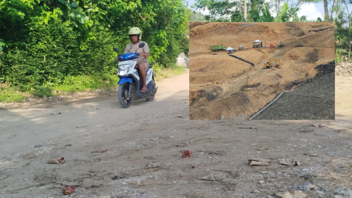 HATI-HATI: Kondisi jalan kabupaten yang rusak diduga akibat pembangunan Bendungan Bagong dan masih direncanakan untuk proses pembangunan. 
(ZAKI JAZAI/ RADAR TRENGGALEK)