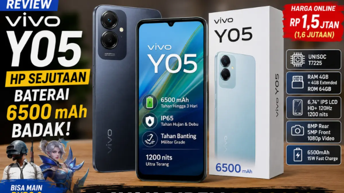 Vivo Y05 hadir dengan baterai 6500 mAh, layar 120 Hz, dan performa gaming ringan di harga Rp1,5 jutaan. (GPT AI)