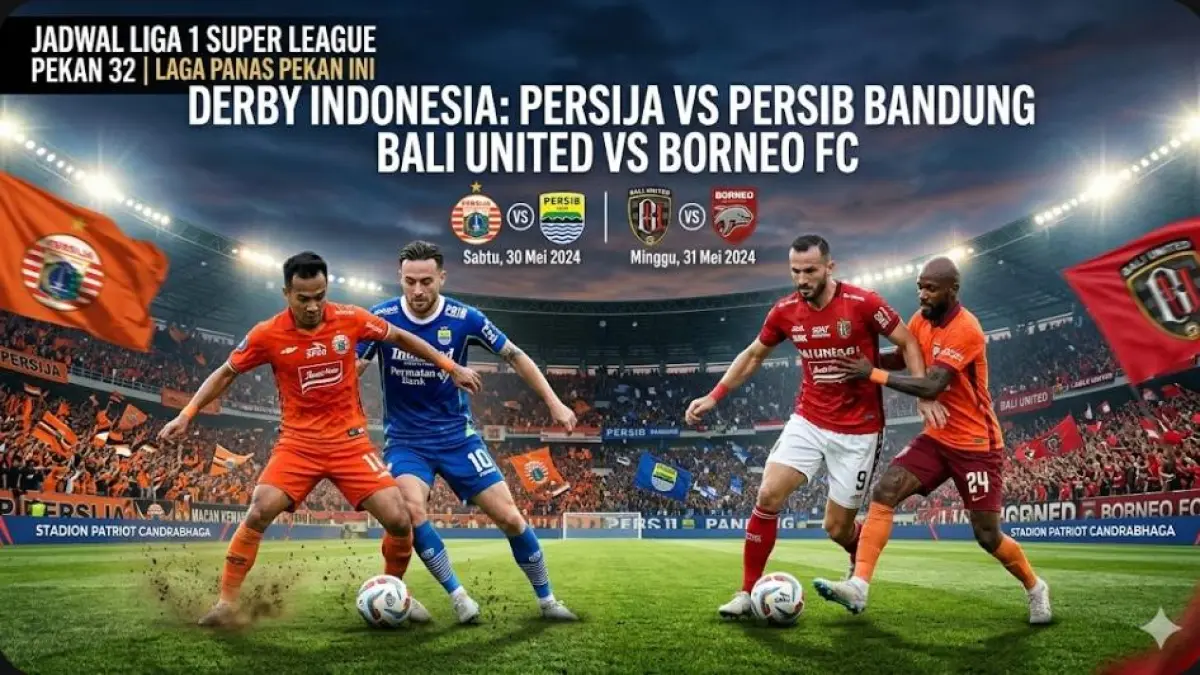 Jadwal Liga 1 Super League pekan 32 menghadirkan laga panas Persija vs Persib Bandung dan Bali United vs Borneo FC.(gemini AI)