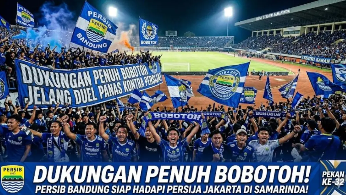 Persib Bandung dapat dukungan penuh Bobotoh jelang duel panas kontra Persija Jakarta di Samarinda pada pekan ke-32.(gemini AI)