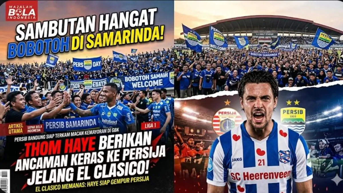 Persib Bandung disambut Bobotoh di Samarinda, Thom Haye kirim ancaman keras untuk Persija Jakarta jelang El Clasico.(gemini AI)