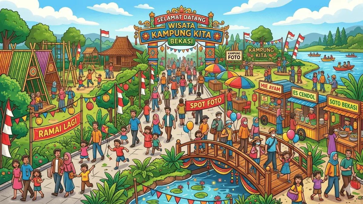 Wisata Kampung Kita Bekasi tawarkan tiket murah Rp8 ribu dengan suasana sawah, kuliner, kolam renang, dan bebek gowes.
