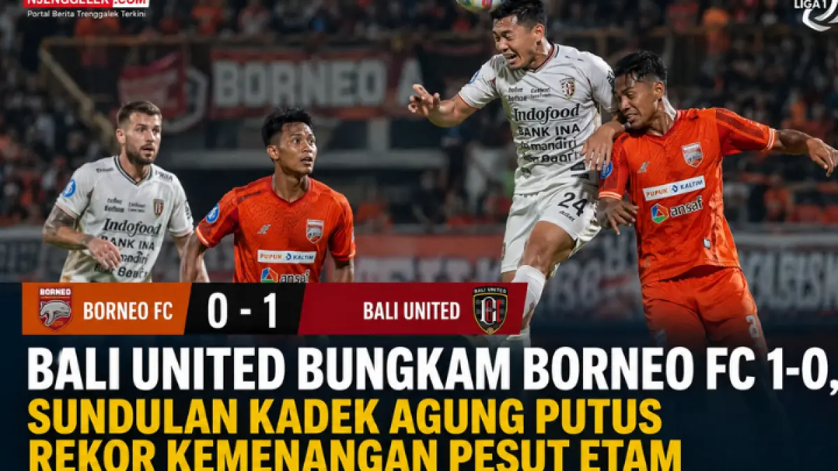 Bali United sukses curi kemenangan 1-0 di kandang Borneo FC lewat sundulan Kadek Agung yang memutus tren positif Pesut Etam. (GPT AI)