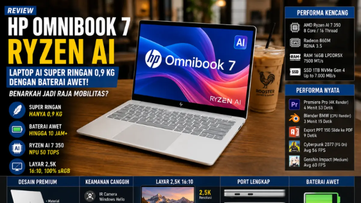 HP Omnibook 7 Ryzen AI cuma 0,9 kg, baterai awet 10 jam, layar 2,5K tajam, cocok untuk kerja mobile dan kreator konten. (GPT AI)