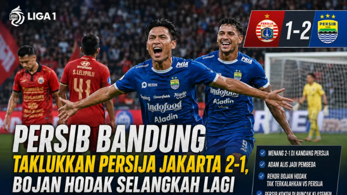 Persib Bandung sukses bungkam Persija Jakarta 2-1 dan semakin dekat mengunci gelar juara Liga 1 musim ini. (GPT AI)
