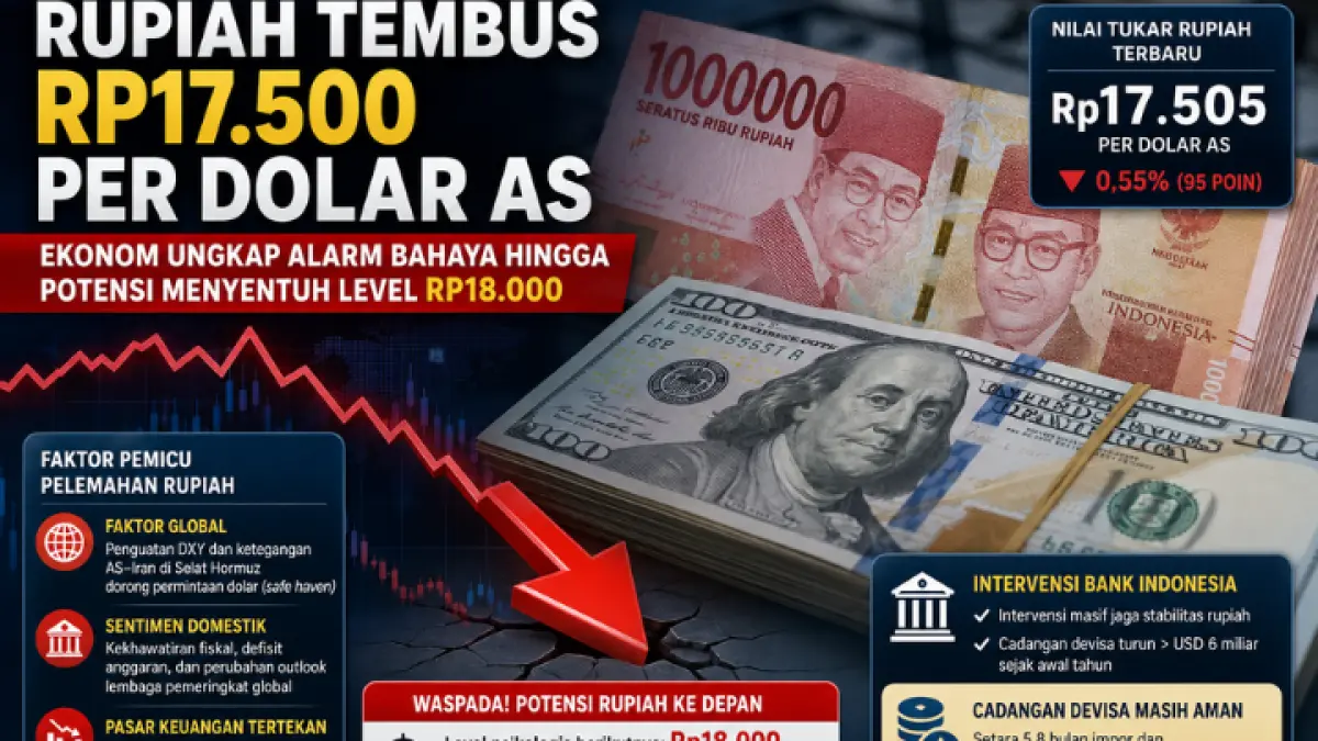 Rupiah tembus Rp17.500 per dolar AS, tekanan global dan domestik bikin pasar keuangan Indonesia waswas. (AI)