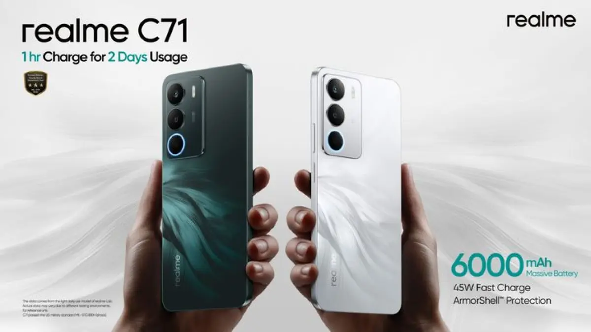 Realme C71 resmi rilis! HP tipis dengan baterai 6300 mAh, RAM 16GB, dan tahan banting harga cuma 1 jutaan. Cek spesifikasi lengkapnya di sini!(Pinterest)