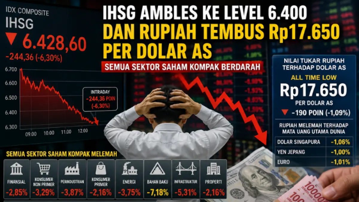 IHSG ambruk ke level 6.400, rupiah tembus Rp17.650 per dolar AS, pasar finansial memerah drastis. (AI)