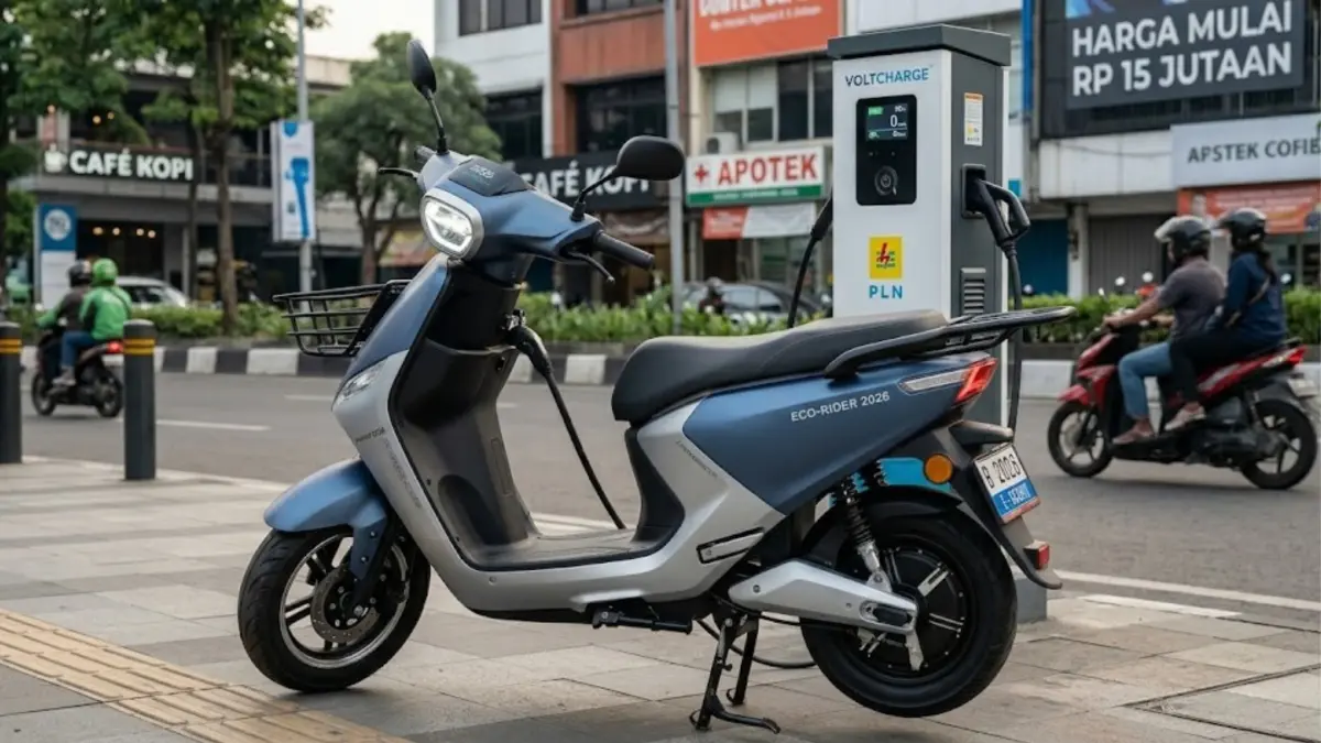 Motor listrik 15 juta bergaya Vespa ini viral di IMS 2026 karena fitur modern dan jarak tempuh hingga 135 km. (GEMINI AI)
