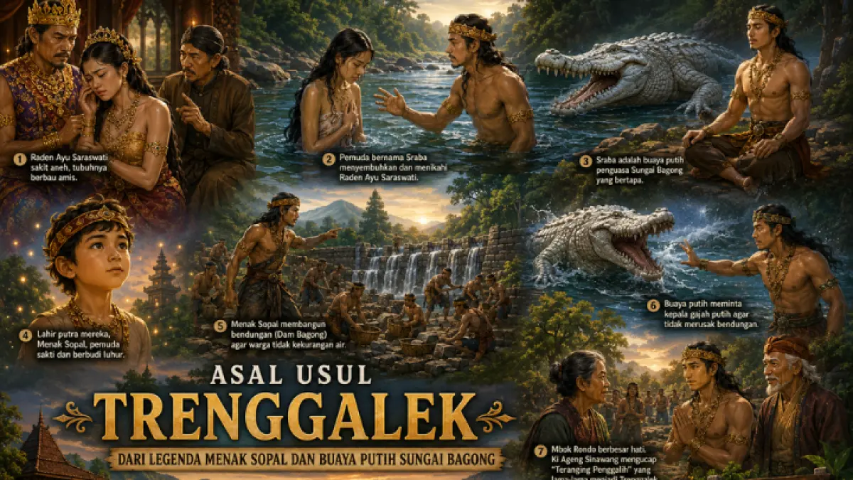 Legenda Menak Sopal dipercaya menjadi asal-usul nama Trenggalek dari ucapan “Teranging Penggalih” yang bermakna kelapangan hati dan kesejahteraan rakyat. (AI)